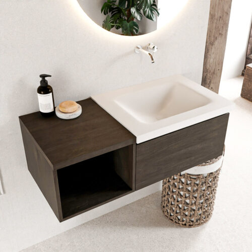 MONDIAZ BUKLA 100cm mueble de baño con módulo abierto 40 Dark Brown 1 cajón. Lavabo CLOUD derecho sin orificios color Talc