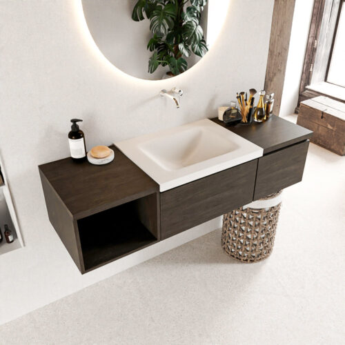 MONDIAZ BUKLA 140cm mueble de baño con módulo abierto 40 izquierda Dark Brown 2 cajones. Lavabo CLOUD centro sin orificios color Talc