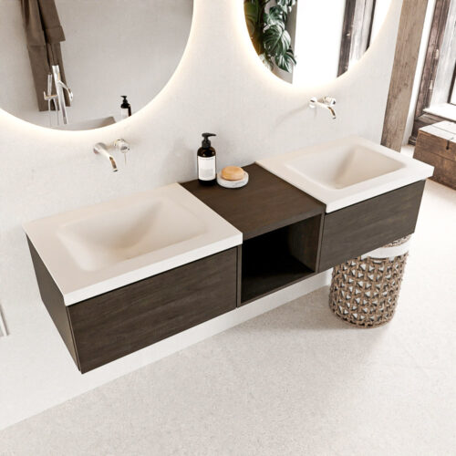 MONDIAZ BUKLA 160cm mueble de baño con módulo abierto 40 Dark Brown 2 cajones. Lavabo CLOUD duble sin orificios color Talc