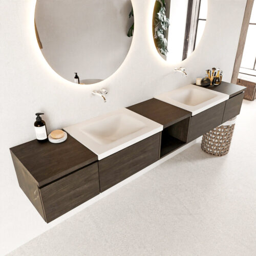 MONDIAZ BUKLA 240cm mueble de baño con módulo abierto 40 centro Dark Brown 4 cajones. Lavabo CLOUD duble sin orificios color Talc