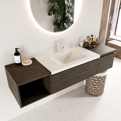 MONDIAZ BUKLA 160cm mueble de baño con módulo abierto 40 izquierda Dark Brown 2 cajones. Lavabo CLOUD centro 1 orificio color Talc