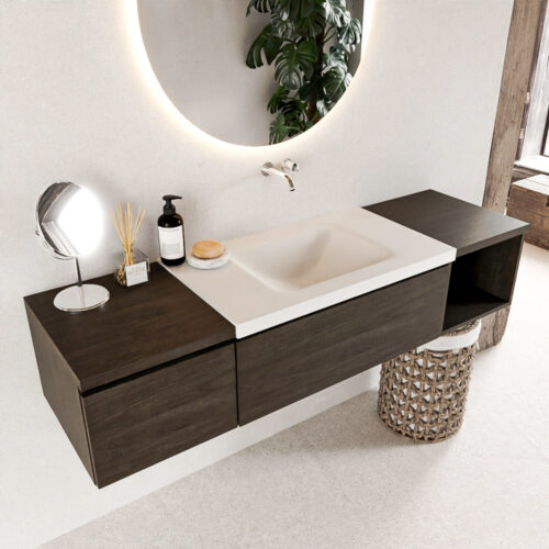 MONDIAZ BUKLA 160cm mueble de baño con módulo abierto 40 derecho Dark Brown 2 cajones. Lavabo CLOUD centro sin orificios color Talc