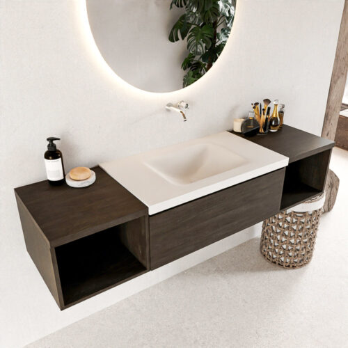 MONDIAZ BUKLA 160cm mueble de baño con módulo abierto 40 izquierda + derecho Dark Brown 1 cajón. Lavabo CLOUD centro sin orificios color Talc