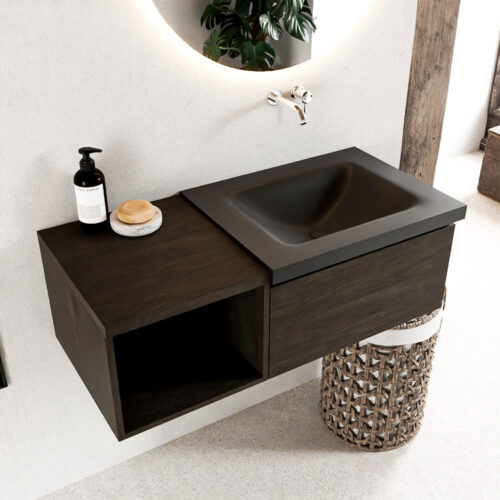 MONDIAZ BUKLA 100cm mueble de baño con módulo abierto 40 Dark Brown 1 cajón. Lavabo CLOUD derecho sin orificios color Urban