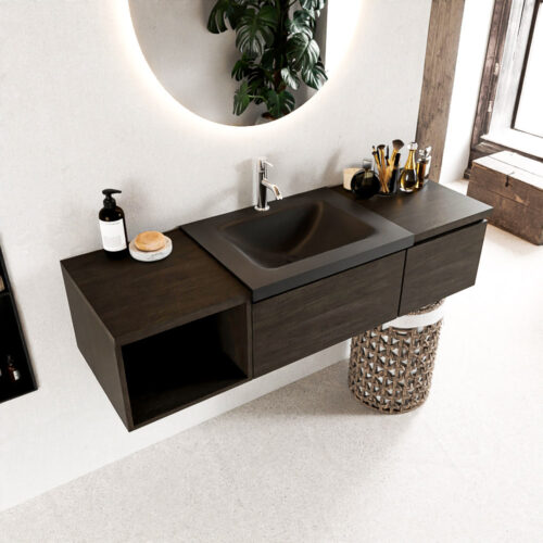 MONDIAZ BUKLA 140cm mueble de baño con módulo abierto 40 izquierda Dark Brown 2 cajones. Lavabo CLOUD derecho 1 orificio color Urban