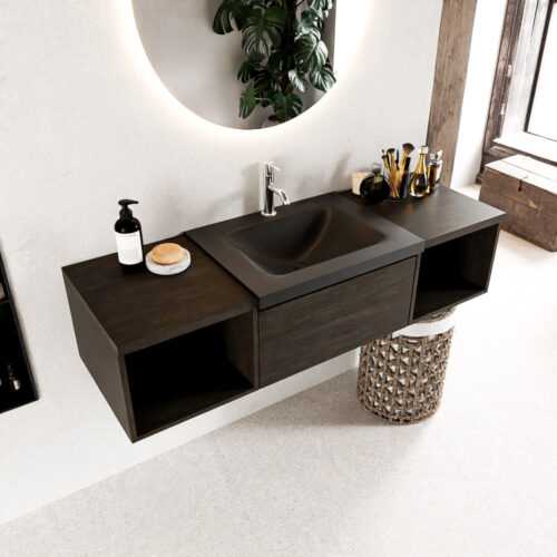 MONDIAZ BUKLA 140cm mueble de baño con módulo abierto 40 izquierda + derecho Dark Brown 1 cajón. Lavabo CLOUD centro 1 orificio color Urban