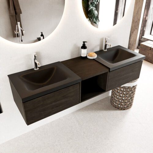 MONDIAZ BUKLA 160cm mueble de baño con módulo abierto 40 Dark Brown 2 cajones. Lavabo CLOUD duble 2 orificios color Urban