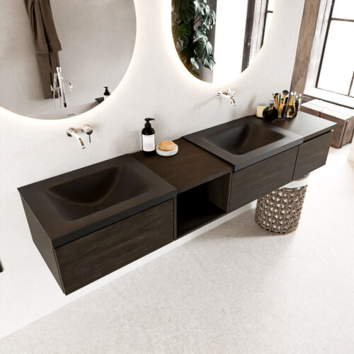 MONDIAZ BUKLA 200cm mueble de baño con módulo abierto 40 izquierda Dark Brown 3 cajones. Lavabo CLOUD duble sin orificios color Urban