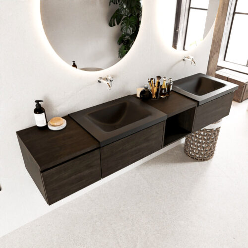 MONDIAZ BUKLA 200cm mueble de baño con módulo abierto 40 derecho Dark Brown 3 cajones. Lavabo CLOUD duble sin orificios color Urban