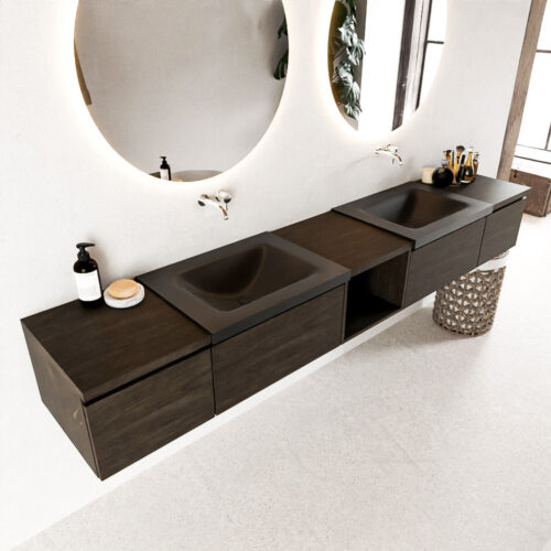 MONDIAZ BUKLA 240cm mueble de baño con módulo abierto 40 centro Dark Brown 4 cajones. Lavabo CLOUD duble sin orificios color Urban