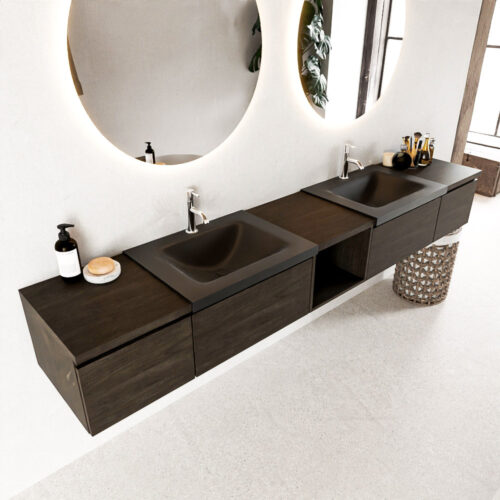 MONDIAZ BUKLA 240cm mueble de baño con módulo abierto 40 centro Dark Brown 4 cajones. Lavabo CLOUD duble 2 orificios color Urban