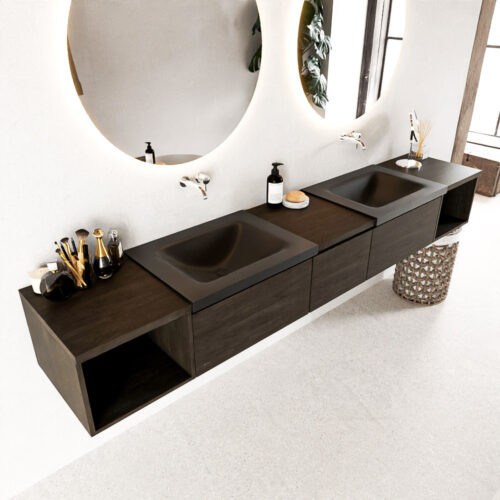 MONDIAZ BUKLA 240cm mueble de baño con módulo abierto 40 izquierda + derecho Dark Brown 3 cajones. Lavabo CLOUD duble sin orificios color Urban