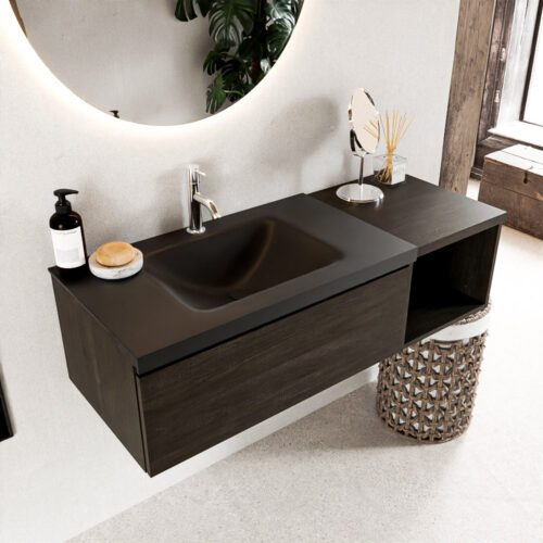 MONDIAZ BUKLA 120cm mueble de baño con módulo abierto 40 Dark Brown 1 cajón. Lavabo CLOUD izquierda 1 orificio color Urban