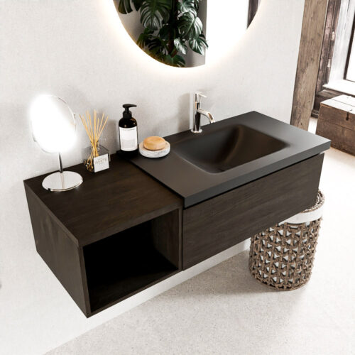 MONDIAZ BUKLA 120cm mueble de baño con módulo abierto 40 Dark Brown 1 cajón. Lavabo CLOUD derecho 1 orificio color Urban