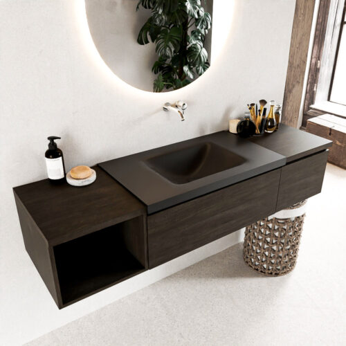 MONDIAZ BUKLA 160cm mueble de baño con módulo abierto 40 izquierda Dark Brown 2 cajones. Lavabo CLOUD centro sin orificios color Urban