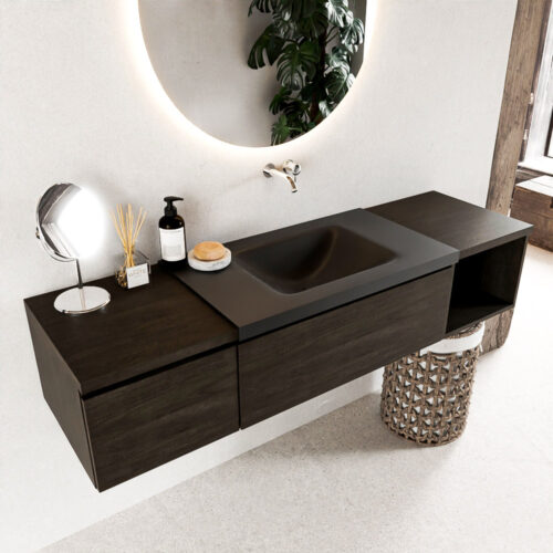 MONDIAZ BUKLA 160cm mueble de baño con módulo abierto 40 derecho Dark Brown 2 cajones. Lavabo CLOUD centro sin orificios color Urban