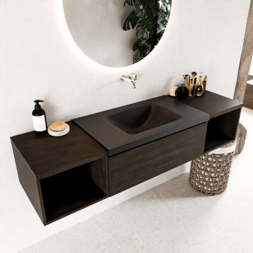 MONDIAZ BUKLA 160cm mueble de baño con módulo abierto 40 izquierda + derecho Dark Brown 1 cajón. Lavabo CLOUD centro sin orificios color Urban