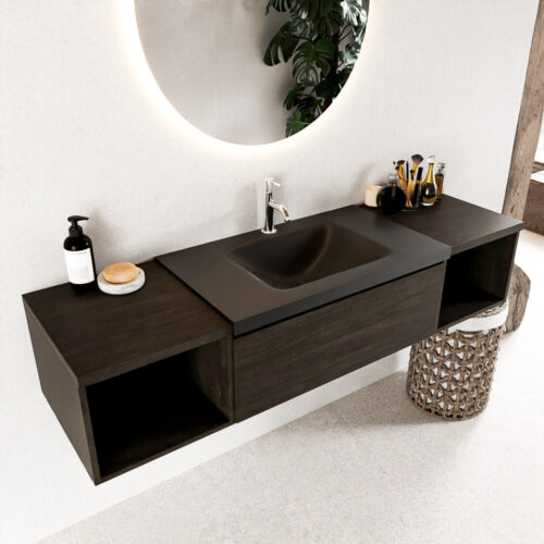 MONDIAZ BUKLA 160cm mueble de baño con módulo abierto 40 izquierda + derecho Dark Brown 1 cajón. Lavabo CLOUD centro 1 orificio color Urban