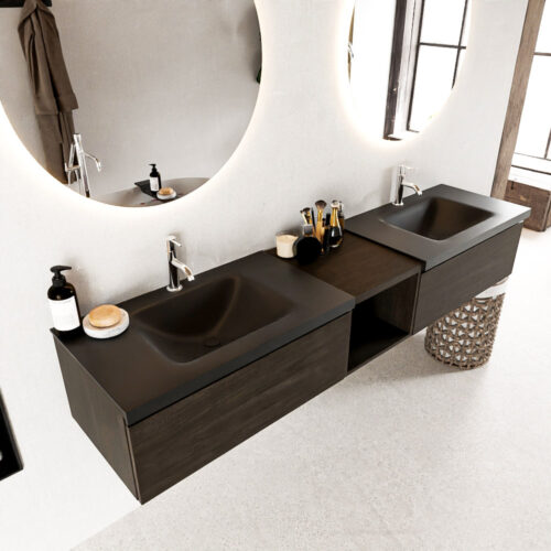 MONDIAZ BUKLA 200cm mueble de baño con módulo abierto 40 Dark Brown 2 cajones. Lavabo CLOUD duble 2 orificios color Urban