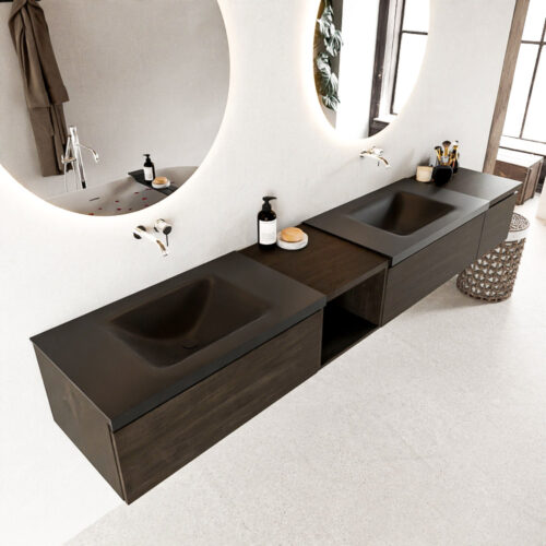 MONDIAZ BUKLA 240cm mueble de baño con módulo abierto 40 izquierda Dark Brown 3 cajones. Lavabo CLOUD duble sin orificios color Urban