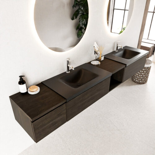 MONDIAZ BUKLA 240cm mueble de baño con módulo abierto 40 derecho Dark Brown 3 cajones. Lavabo CLOUD duble 2 orificios color Urban