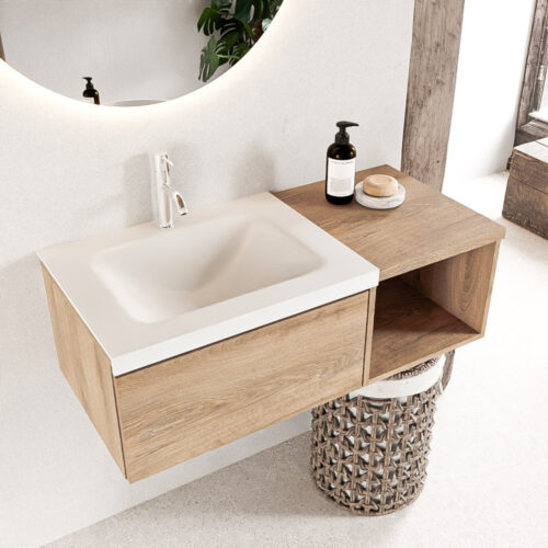 MONDIAZ BUKLA 100cm mueble de baño con módulo abierto 40 Washed Oak 1 cajón. Lavabo CLOUD izquierda 1 orificio color Talc