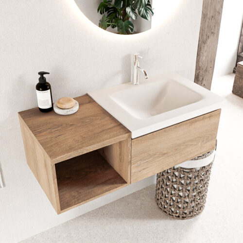 MONDIAZ BUKLA 100cm mueble de baño con módulo abierto 40 Washed Oak 1 cajón. Lavabo CLOUD derecho 1 orificio color Talc