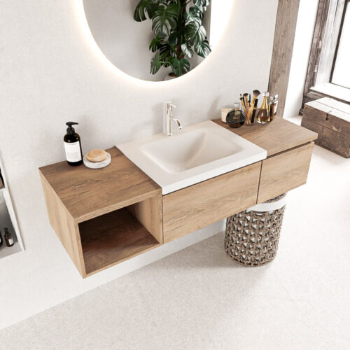 MONDIAZ BUKLA 140cm mueble de baño con módulo abierto 40 izquierda Washed Oak 2 cajones. Lavabo CLOUD centro 1 orificio color Talc