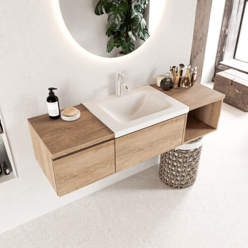 MONDIAZ BUKLA 140cm mueble de baño con módulo abierto 40 derecho Washed Oak 2 cajones. Lavabo CLOUD centro 1 orificio color Talc