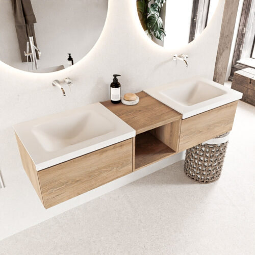 MONDIAZ BUKLA 160cm mueble de baño con módulo abierto 40 Washed Oak 2 cajones. Lavabo CLOUD duble sin orificios color Talc