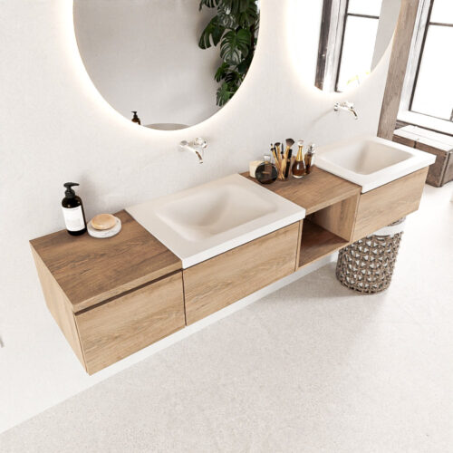 MONDIAZ BUKLA 200cm mueble de baño con módulo abierto 40 derecho Washed Oak 3 cajones. Lavabo CLOUD duble sin orificios color Talc