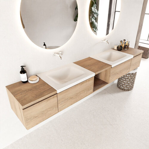 MONDIAZ BUKLA 240cm mueble de baño con módulo abierto 40 centro Washed Oak 4 cajones. Lavabo CLOUD duble sin orificios color Talc