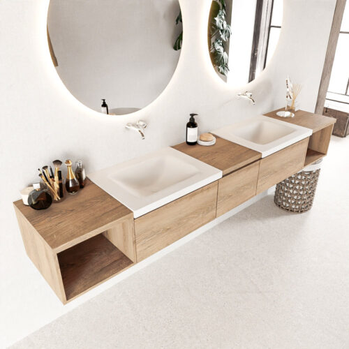 MONDIAZ BUKLA 240cm mueble de baño con módulo abierto 40 izquierda + derecho Washed Oak 3 cajones. Lavabo CLOUD duble sin orificios color Talc