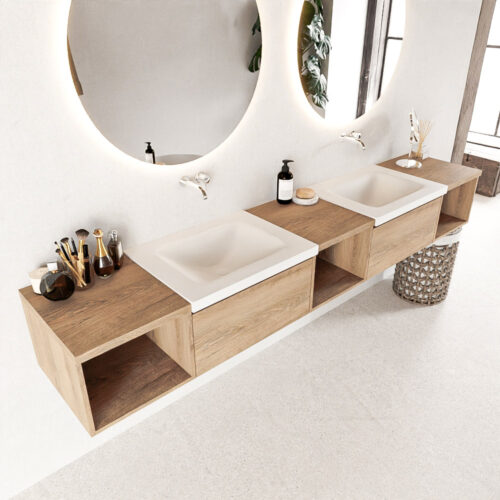 MONDIAZ BUKLA 240cm mueble de baño con módulo abierto 40 izquierda + centro + derecho Washed Oak 2 cajones. Lavabo CLOUD duble sin orificios color Talc