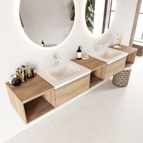 MONDIAZ BUKLA 240cm mueble de baño con módulo abierto 40 izquierda + centro + derecho Washed Oak 2 cajones. Lavabo CLOUD duble 2 orificios color Talc