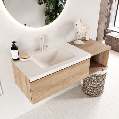 MONDIAZ BUKLA 120cm mueble de baño con módulo abierto 40 Washed Oak 1 cajón. Lavabo CLOUD izquierda 1 orificio color Talc