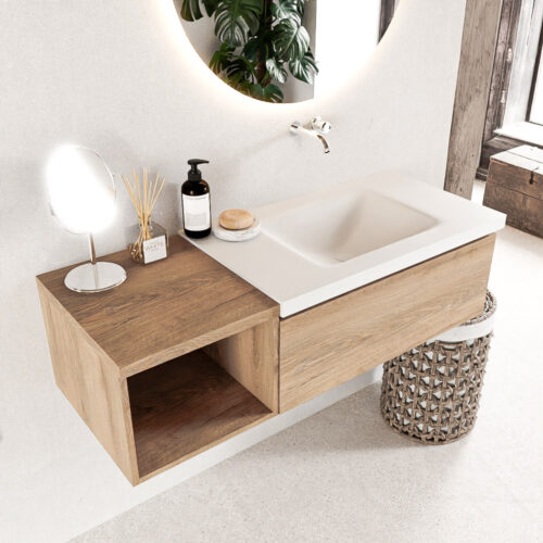 MONDIAZ BUKLA 120cm mueble de baño con módulo abierto 40 Washed Oak 1 cajón. Lavabo CLOUD derecho sin orificios color Talc