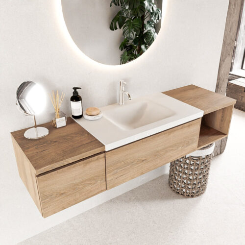 MONDIAZ BUKLA 160cm mueble de baño con módulo abierto 40 derecho Washed Oak 2 cajones. Lavabo CLOUD centro 1 orificio color Talc