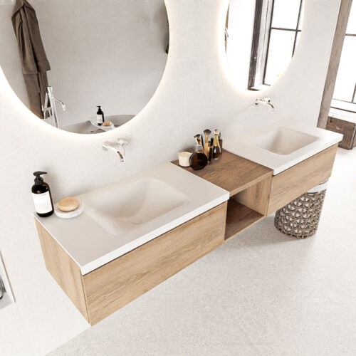 MONDIAZ BUKLA 200cm mueble de baño con módulo abierto 40 Washed Oak 2 cajones. Lavabo CLOUD duble sin orificios color Talc