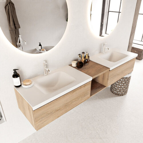 MONDIAZ BUKLA 200cm mueble de baño con módulo abierto 40 Washed Oak 2 cajones. Lavabo CLOUD duble 2 orificios color Talc