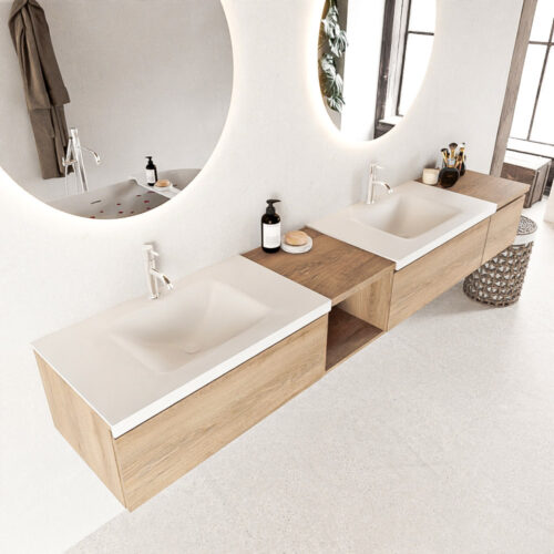 MONDIAZ BUKLA 240cm mueble de baño con módulo abierto 40 izquierda Washed Oak 3 cajones. Lavabo CLOUD duble 2 orificios color Talc