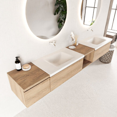 MONDIAZ BUKLA 240cm mueble de baño con módulo abierto 40 derecho Washed Oak 3 cajones. Lavabo CLOUD duble sin orificios color Talc