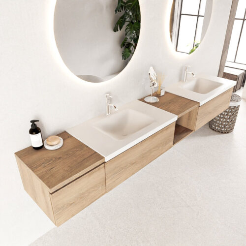 MONDIAZ BUKLA 240cm mueble de baño con módulo abierto 40 derecho Washed Oak 3 cajones. Lavabo CLOUD duble 2 orificios color Talc