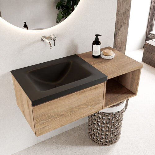 MONDIAZ BUKLA 100cm mueble de baño con módulo abierto 40 Washed Oak 1 cajón. Lavabo CLOUD izquierda sin orificios color Urban