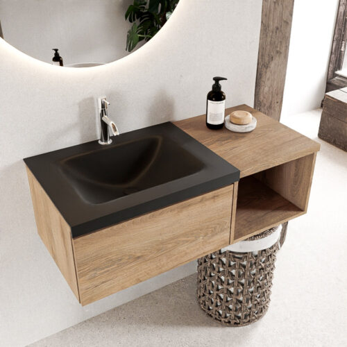 MONDIAZ BUKLA 100cm mueble de baño con módulo abierto 40 Washed Oak 1 cajón. Lavabo CLOUD izquierda 1 orificio color Urban