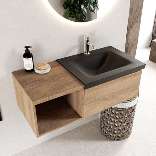 MONDIAZ BUKLA 100cm mueble de baño con módulo abierto 40 Washed Oak 1 cajón. Lavabo CLOUD derecho 1 orificio color Urban