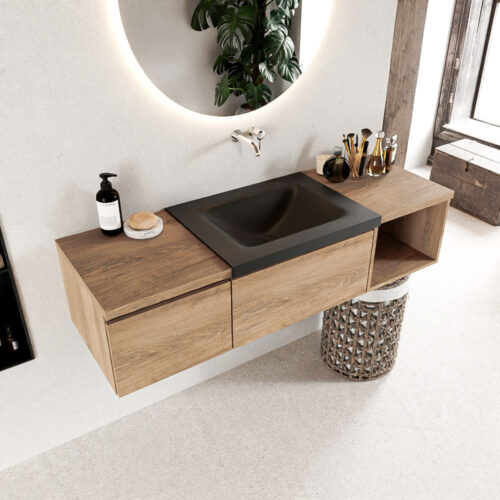 MONDIAZ BUKLA 140cm mueble de baño con módulo abierto 40 derecho Washed Oak 2 cajones. Lavabo CLOUD centro sin orificios color Urban