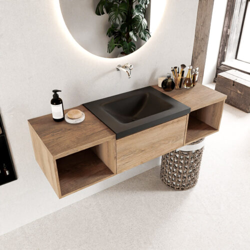 MONDIAZ BUKLA 140cm mueble de baño con módulo abierto 40 izquierda + derecho Washed Oak 1 cajón. Lavabo CLOUD centro sin orificios color Urban