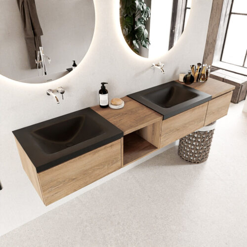 MONDIAZ BUKLA 200cm mueble de baño con módulo abierto 40 izquierda Washed Oak 3 cajones. Lavabo CLOUD duble sin orificios color Urban