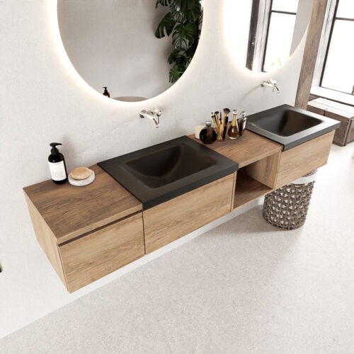 MONDIAZ BUKLA 200cm mueble de baño con módulo abierto 40 derecho Washed Oak 3 cajones. Lavabo CLOUD duble sin orificios color Urban